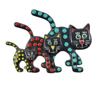 Vintage 90s Kelly Graham Purrfect Pieces Black Plastic Black Cat Trio Family Pin